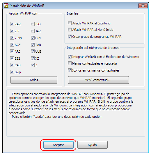 Opciones de instalación de WinRAR